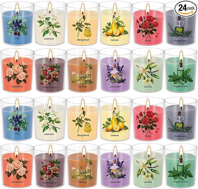 Aromatherapy Candles Set - 24 Pack Scented Candles with 12 Natural Fragrances, Votive Candles in Clear Plastic Jars for Ho...