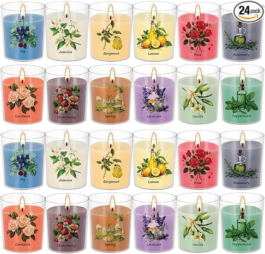 Aromatherapy Candles Set - 24 Pack Scented Candles with 12 Natural Fragrances, Votive Candles in Clear Plastic Jars for Ho...