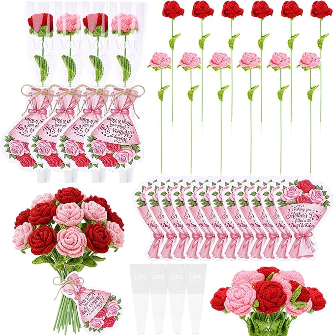 Rivvlive 12 Sets Mother Gift Crochet Flowers Bouquet Handmade Knitted Roses Red and Pink Artificial Rose with Greeting Car...