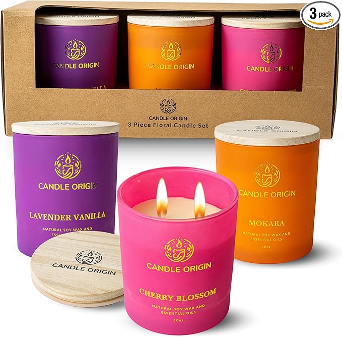 Flowery Candle Gift Set for Women - 3 Pack Scented Soy Candles Non Toxic - 10 Ounce Aromatherapy Candles for Home Decor - ...