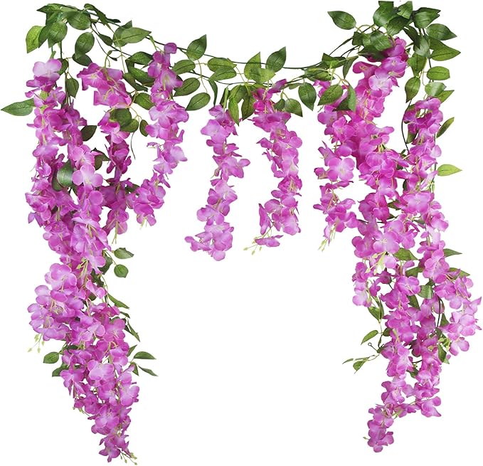 CISDUEO 2 Pcs Wisteria Hanging Flowers Wisteria Flowers Vine Garland Wedding Arch Decoration Purple Red Artificial Wisteri...
