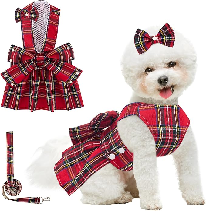 Plaid Dog Dresses for Small Dogs Girl Bowknot Harness Leash Set, Cute Small Dog Dress Harness Dogs Cat Clothes Female with...