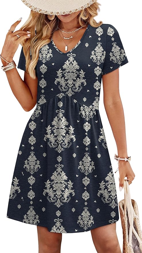 WIHOLL Dresses for Women 2026 Casual Summer V Neck Babydoll Dress Short Sleeve Fashion Beach Vacation Clothes