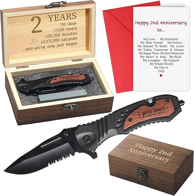 Leriton 2 Years Anniversary Keepsake Gifts for Him Men Husband Engraved Pocket Folding Knife with Wood Box Tin Anniversary...