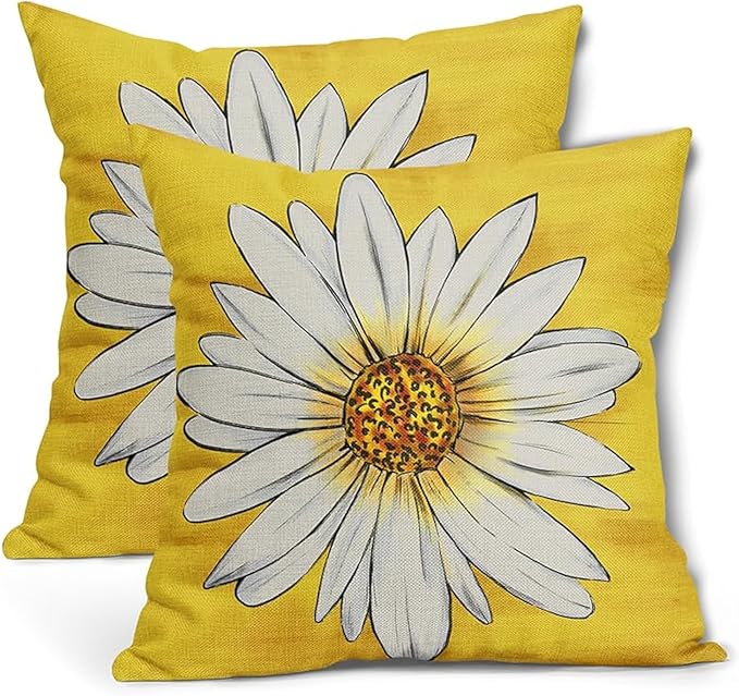 Summer Daisy Floral Pillow Covers 18X18 Inch Set of 2 White Petal Flower Bloom Decorative Pillow Cases Yellow Seasonal Cot...