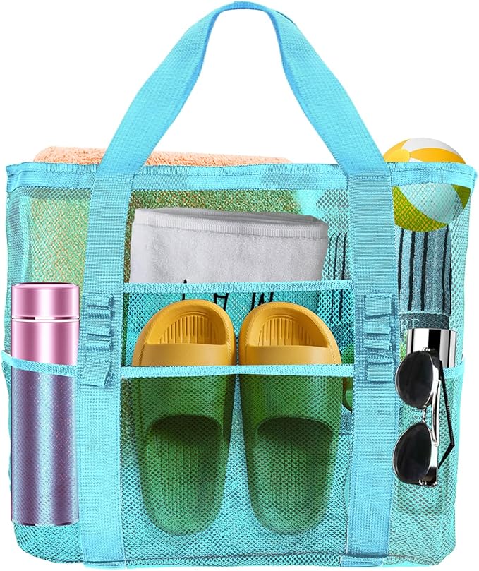 Yunaeduo Large Mesh Beach Bag - Lightweight & Foldable Family Beach Bag with 9 Pockets for Toys, Towels & Vacation Essentials