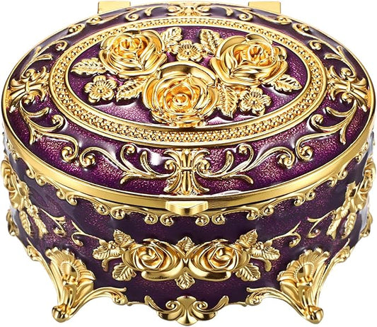 Hipiwe Vintage Oval Jewelry Storage Box Metal Trinket Organizer Purple Treasure Chest Box for Earring Necklace Ring Holder...