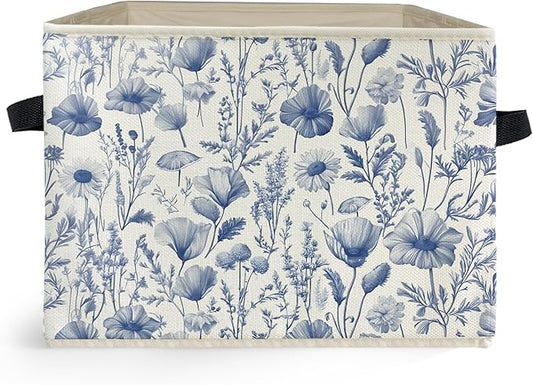 Ghoaoivo Blue and White Floral Storage Box Bins, Chinoiserie Flower Botanical Collapsible Storage Basket Organizer for Bed...