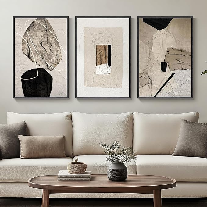 Framed Neutral Abstract Wall Art, Set of 3 Modern Canvas Prints Paintings Artwork for Walls, Minimalist Black and Beige Pi...