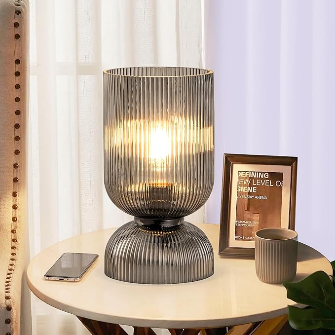 Gmrhndy Modern Table Lamp,Glass Mid Century Lamp with Smoky Gray Glass Shade, Bedside Lamp with On/Off Switch, Minimalist ...