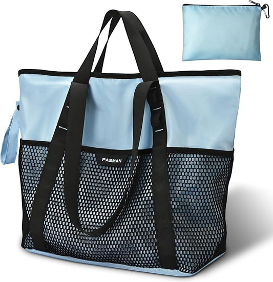 PASMAN Large Beach Bag with Zipper-8 Pockets Sandproof Beach Tote Bag for Women,Foldable Lightweight Family Swim Bag Vacation