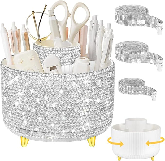 Yi-gog 360°Rotating Makeup Organizer Brush Holder with DIY Diamond Gifts Women Girls Vanity Desktop Office Dresser Bedroom