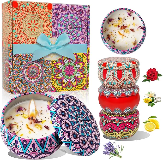 MILINITIQI 4 Pack Candles Gift Set for Women, Small Scented Candles with 8% Essential Oils, Natural Soy Candle with Floral...