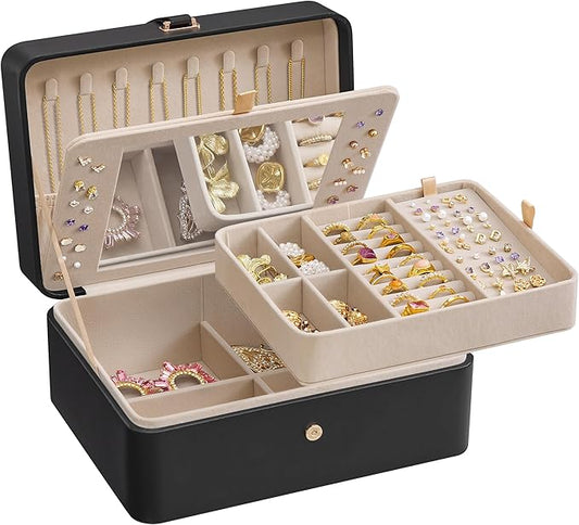 SONGMICS Jewelry Box Organizer with Mirror, 2-Layer Jewelry Holder Case, Removable Tray, 6.9 x 8.7 x 4.3 Inches, Earring N...