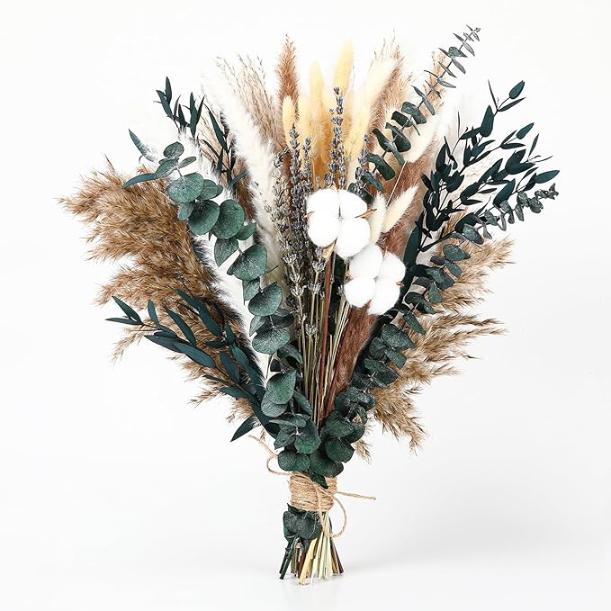 Natural Dried Flower Bouquet – Pampas Grass, Cotton Stems, Bunny Tails Grass, Eucalyptus and Lavender for Western Boho Dec...