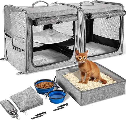 Suertree Large Cat Carrier for 2 Cats with Zipper Locks, Double Cat Carrier with Travel Litter Box, Soft Pet Travel Carrie...