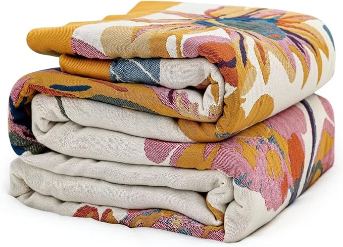 MSGKV Boho Throw Blanket 60''x80'',100% Cotton Blanket for Couch Bed, Spring Breathable Quilt Farmhouse Home Decor Soft Li...