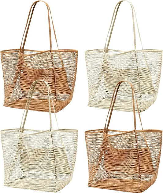 Viwnrxta 4pcs Beach Bags for Women,Nylon Mesh Summer Travel Tote Bag with Large Inner Zipper Pocket