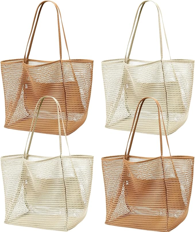 Viwnrxta 4pcs Beach Bags for Women,Nylon Mesh Summer Travel Tote Bag with Large Inner Zipper Pocket
