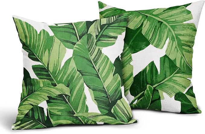 Tropical Palm Leaves Throw Pillow Covers 18x18 Inch Pack of 2 Summer Green Banana Leaf Pillow Covers Modern Outdoor Tropic...