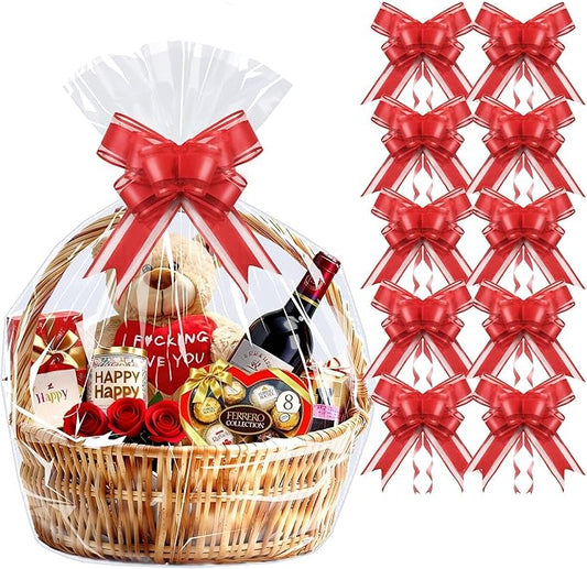 PigPotParty 24x30 Inch Large Cellophane Bags for Gift Baskets with Red Ribbon Bows, 10 Pack Clear Plastic Basket Wrap with...