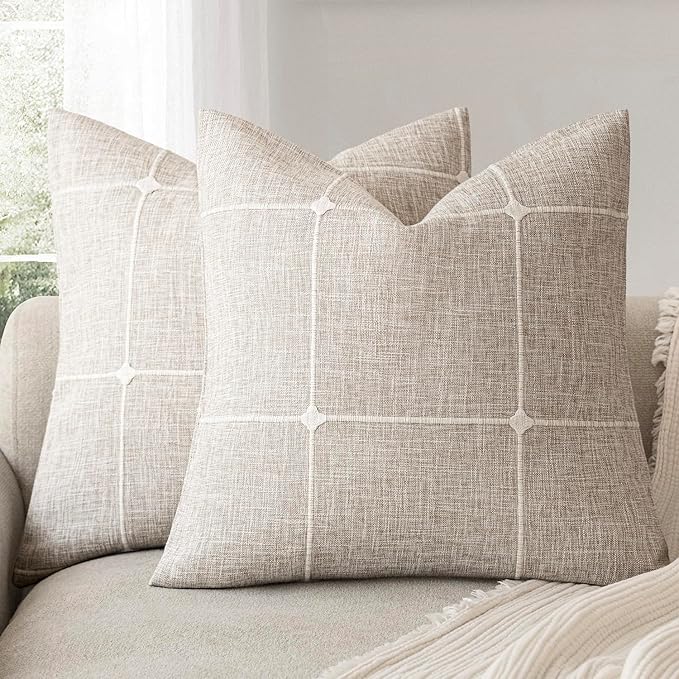 Foindtower Pack of 2 Decorative Faux Linen Jacquard Check Throw Pillow Covers Farmhouse Cushion Cover with Grid Textured A...
