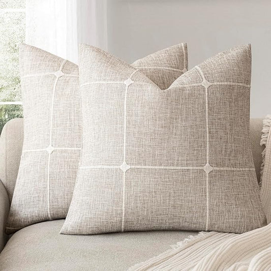 Foindtower Pack of 2 Decorative Faux Linen Jacquard Check Throw Pillow Covers Farmhouse Cushion Cover with Grid Textured A...