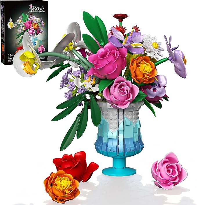 Mavo brix Flower Building Set with Vase, Artificial Botanical Flower Set for Adults Women, Home Décor Display, Romantic Gi...