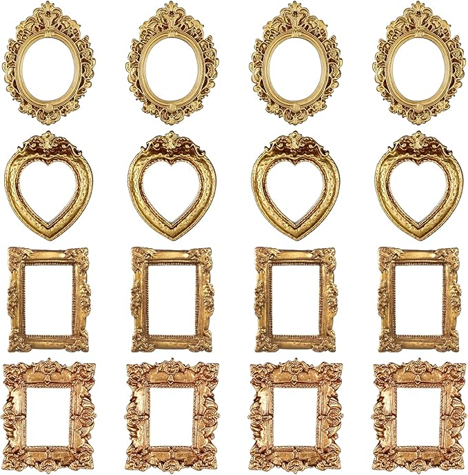 YBEATY 12 Pcs Vintage Mini Picture Frames Small Baroque Antique Resin Jewelry Frame Miniature Rectangle Display Table Wall...