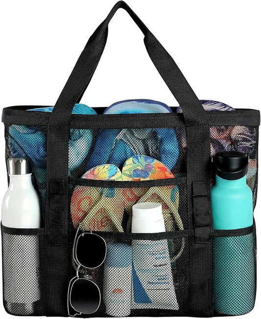 Ymomode Beach Bag - Mesh Beach Bag Large 8 Pockets, Beach Tote Bag Beach Essentials for Vacation Must Haves