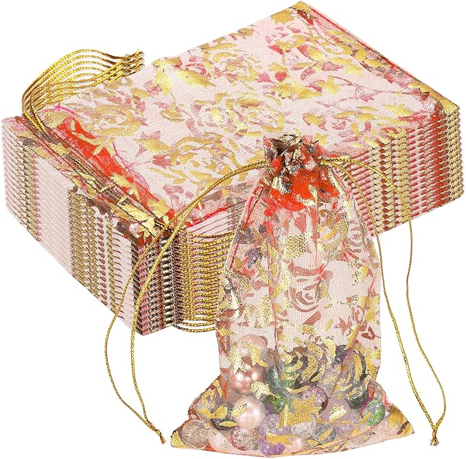 PATIKIL Organza Jewelry Gift Pouch, (4.7 x 3.5 Inch, Red) (50 Pcs) Gold Rose Drawstring Mesh Candy Pouch Mini Wedding Favo...