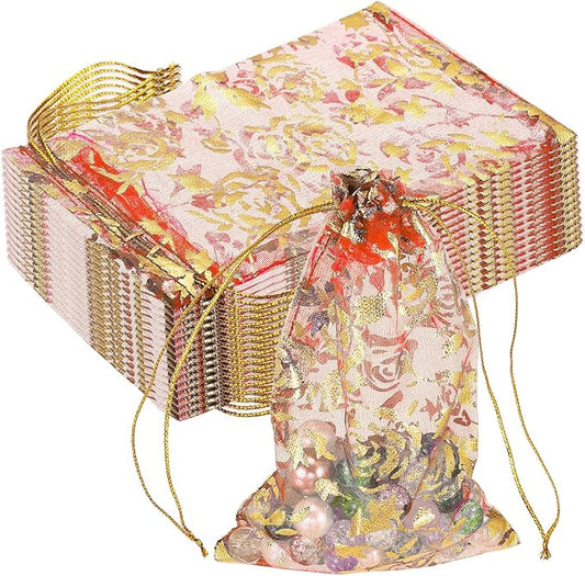 PATIKIL Organza Jewelry Gift Pouch, (4.7 x 3.5 Inch, Red) (50 Pcs) Gold Rose Drawstring Mesh Candy Pouch Mini Wedding Favo...