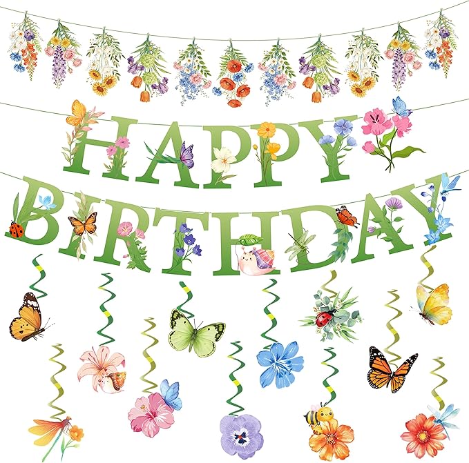 Spring Flower Birthday Decorations, Wildflower Party Decorations include Happy Birthday Banner and Flower Themed Hanging S...