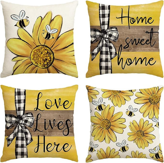 AVOIN colorlife Home Sweet Home Bee Sunflower Throw Pillow Covers, 18 x 18 Inch Love Lives Here Spring Summer Stripes Cush...