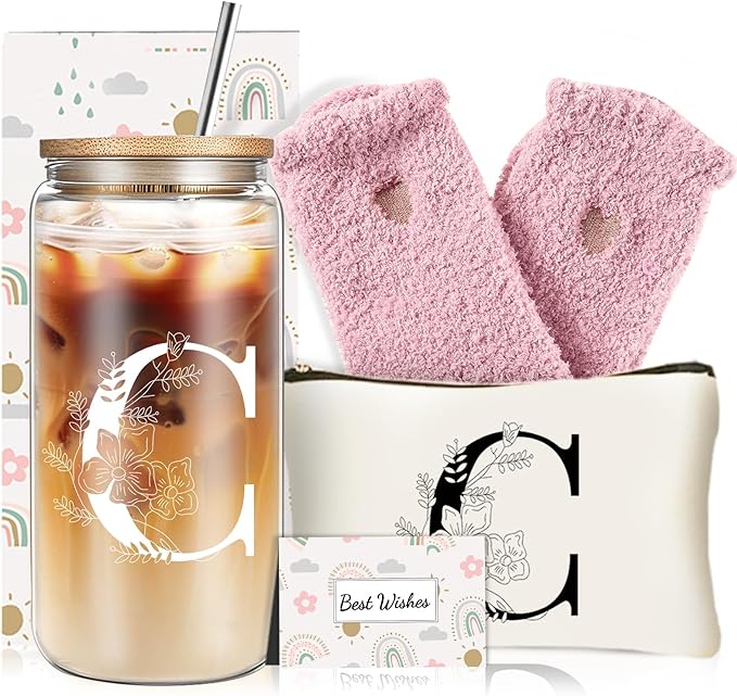 Unique Initial Glass Cup with Lids and Straws, Monogrammed Gifts Box Included Makeup Bag, Valentines Day Mothers Day Birth...