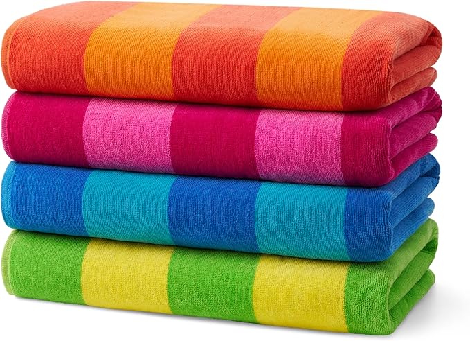 Kaufman - Soft Oversized Beach Towels in Bulk | 29" x 58" Velour Striped Towel | Absorbent, Quick-Drying | 100% Cotton Thi...