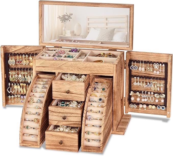 Poyilooo Jewelry Box Organizer, Solid Wood Jewelry Boxes fow Women with Mirror, Large Jewelry Organizer Box Display Earrin...