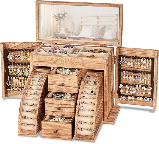 Poyilooo Jewelry Box Organizer, Solid Wood Jewelry Boxes fow Women with Mirror, Large Jewelry Organizer Box Display Earrin...
