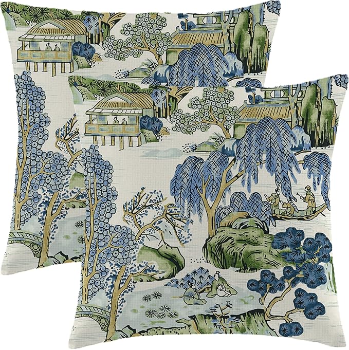 Wsunsal Chinoiserie Pillow Covers 16x16 Inch Set of 2, Asian Scenic Blue and Kelly Green Throw Pillows Farmhouse Chinoiser...