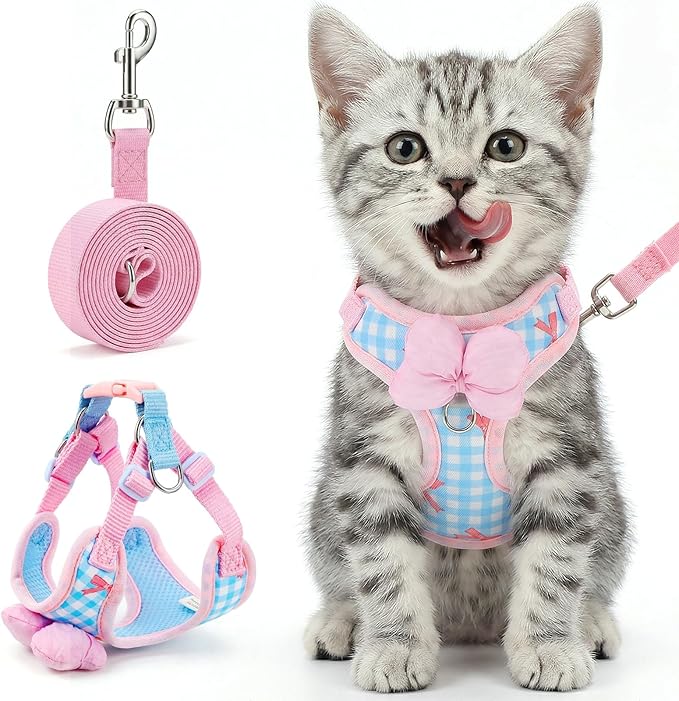 Susade Cat Harness and Leash Set for Walking Escape Proof Adjustable Kitten Harness Soft Comfortable Vest with Bow for Kit...