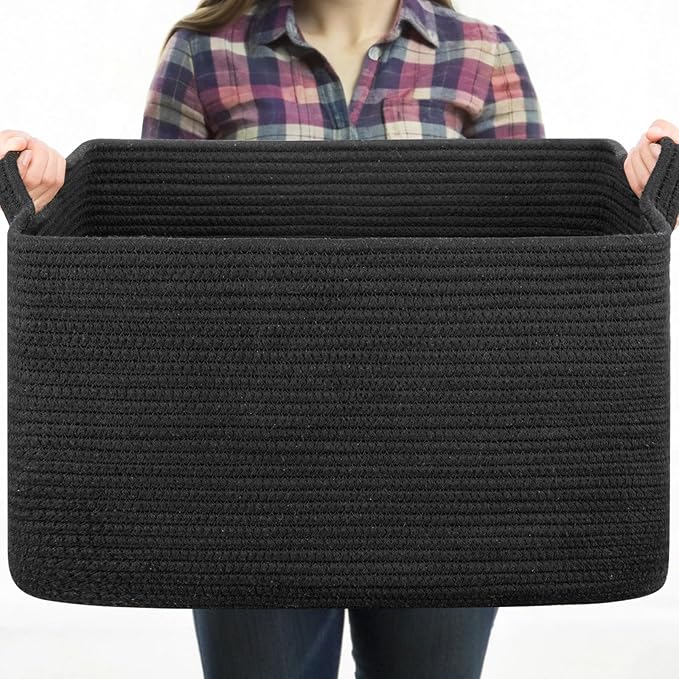 OIASKET Large Blanket Basket, Black Blanket Storage Living Room, Rectangle Woven Baskets for Storage Toys, Towels, Dirty C...