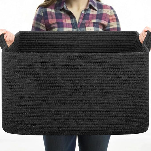 OIASKET Large Blanket Basket, Black Blanket Storage Living Room, Rectangle Woven Baskets for Storage Toys, Towels, Dirty C...