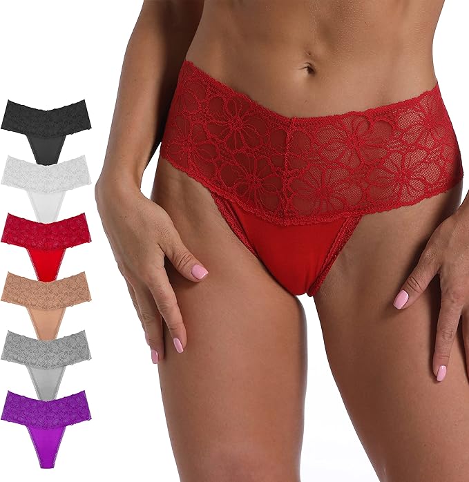 WKFIINM Pack 6 High Waisted Lace Thong for Women Cotton Underwear Plus Size High Rise Retro Tummy Control Thongs Panties