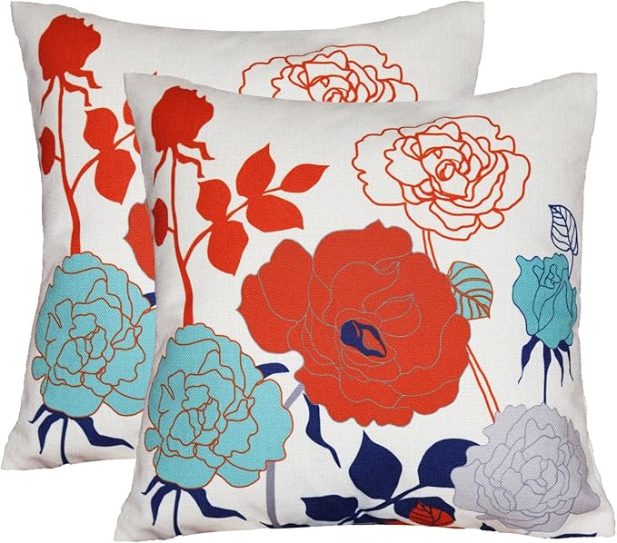 sykting Burnt Orange Floral Pillow Covers 18x18 Set of 2 Thick Cotton Linen Spring Summer Throw Pillow Covers for Couch Be...