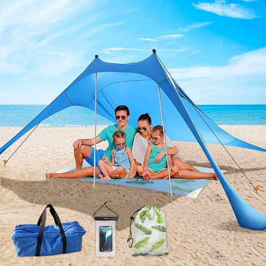 Beach Shade Canopy with Beach Blanket Phone Case Sun Shelter Umbrella UPF50+ Protection Portable 7.5X7.5Ft Camping Tents f...