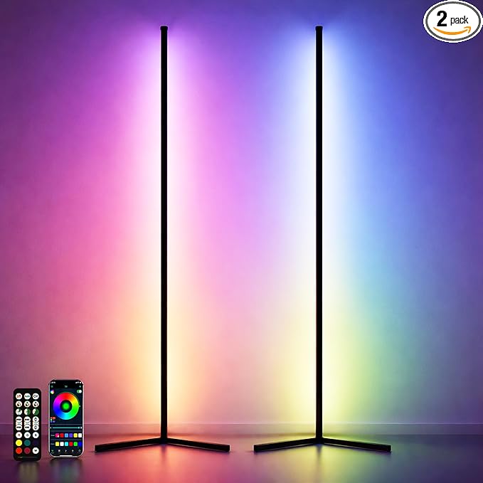 Oizuon 2 Pack Corner Floor Lamp – 57'' Tall RGB Lamp Modern Mood Lighting with 88 LEDs, Bluetooth App Control, and Sturdy ...