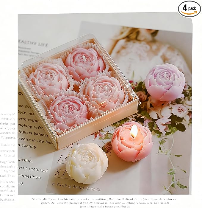 Rose Flower Shape Scented Candle,4 Pack Realistic Pink Rose Design,Plant-Based Natural Soy Wax Essential Oil Aroma Decorat...