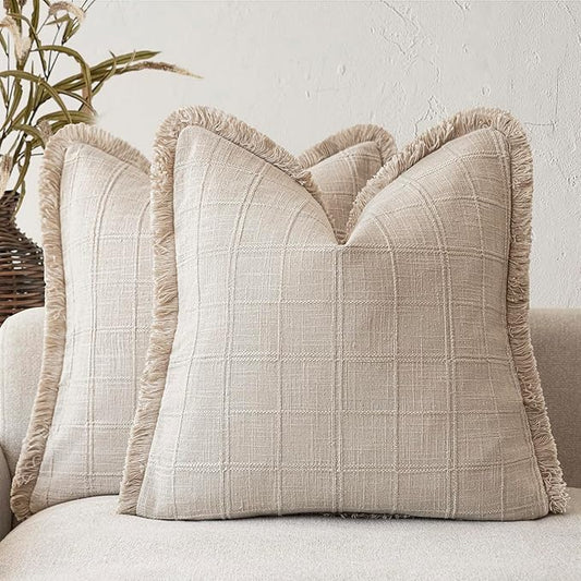 Foindtower Set of 2 Decorative Linen Check Fringe Throw Pillow Covers Farmhouse Vintage Cushion Covers Modern Boho Home De...