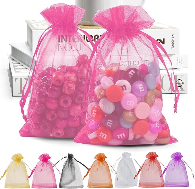 ANZNKU Pink Organza Bags 4 x 6 in 50PCS, Small Gift Bags for Goodie Candy Jewelry Soap Packaging, Cute Little Mesh Bag Dra...