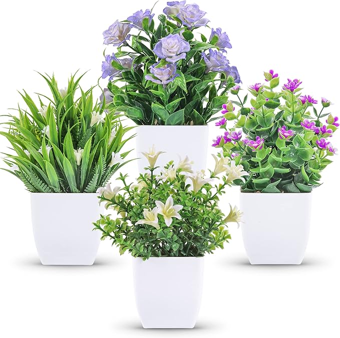 Der Rose 4 Pack Small Fake Plants Mini Artificial Faux Plants Indoor with Flowers Spring Decorations for Home Room Farmhou...
